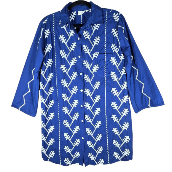 Julia Amory Swizzle Shirt Dress Small Blue White Embroidered Tunic Boho Artist - Picture 1 of 12